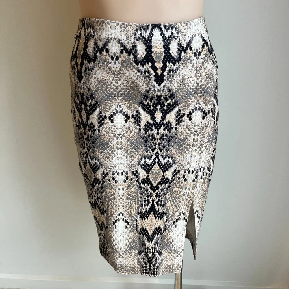 Witchery Ladies Cream & Black Snake Skin Print Stretch Midi Pencil Skirt Size 14 - Picture 1 of 12